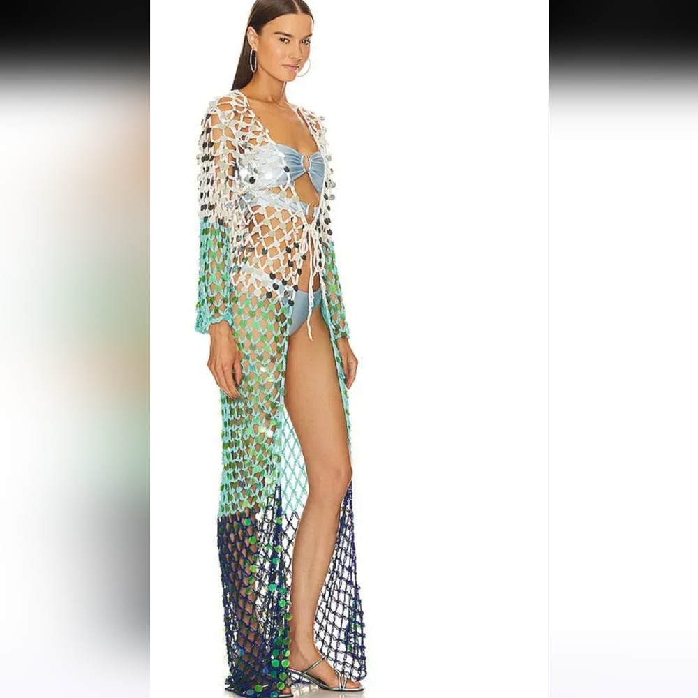 CeliaB Ombre Crochet Maxi Swim Coverup in White, Light Blue, Green, Navy